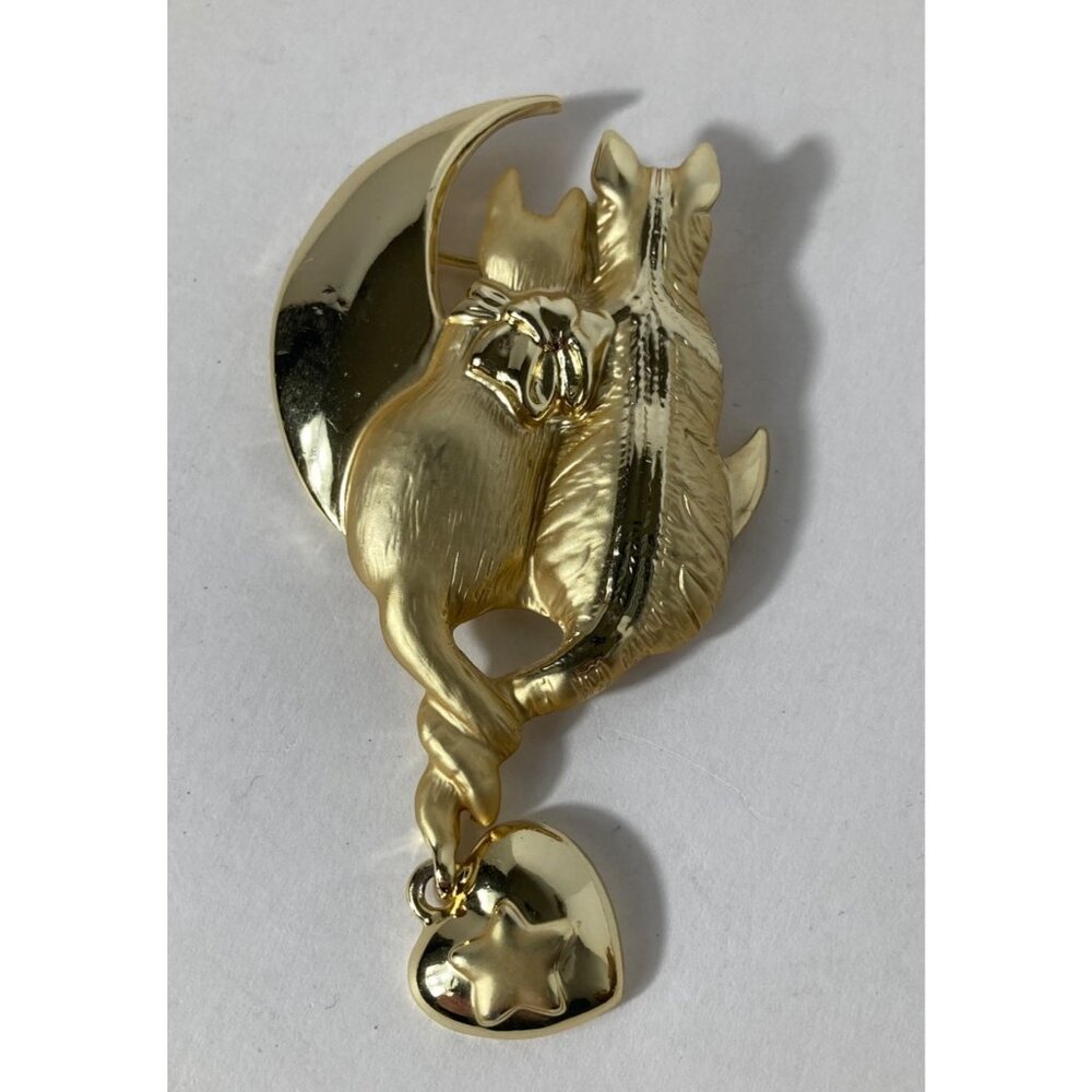 AJC Cattails Cats Moon Brooch‎ Pin Heart Star Bow Gold 3" signed
